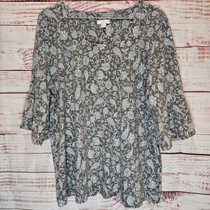 J Jill Gray Floral Paisley Bell Sleeve V Neck Tunic Top Women's Size L